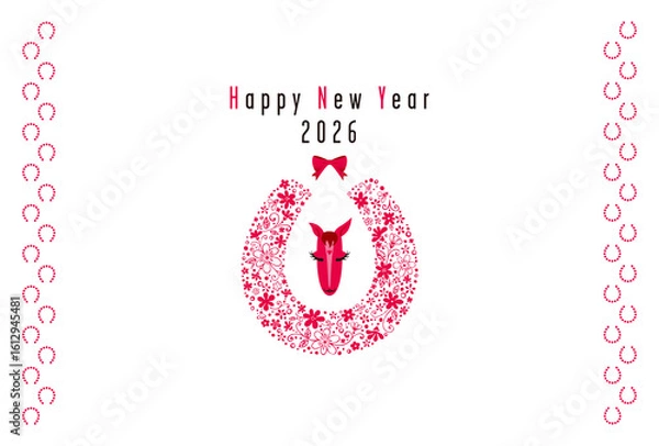 Obraz 花で形どった蹄と馬の顔モチーフの2026年賀状～レッド～png