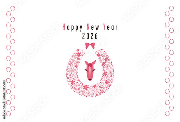 Obraz 花で形どった蹄と馬の顔モチーフの2026年賀状～ピンク～png