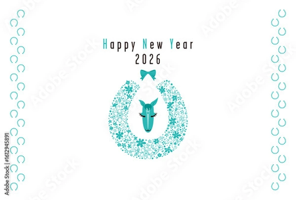 Obraz 花で形どった蹄と馬の顔モチーフの2026年賀状～ターコイズブルー～png