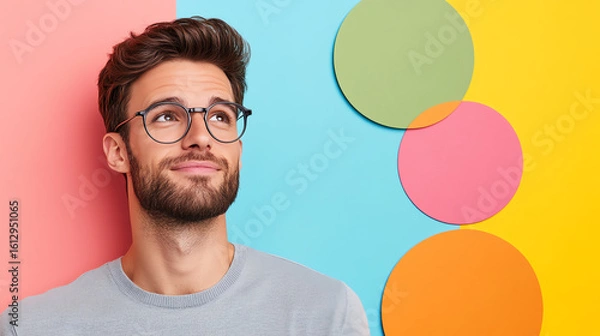 Fototapeta A thoughtful young man wearing glasses, smiling gently against a vibrant, multicolored background, reflecting a cheerful vibe.
