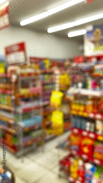 Fototapeta Abstract defocused background of a minimarket or convenience store. Blurred minimarket shop