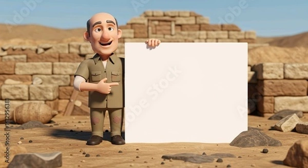 Fototapeta Archeologist pointing a big blank whiteboard, cartoon 3D illustration, isolated on white background, placard, 