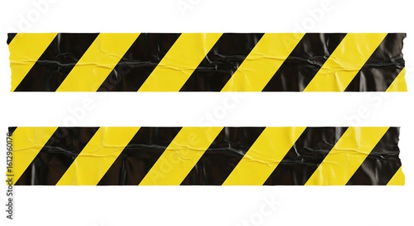 Fototapeta Two strips of wrinkled yellow and black striped caution tape for restricted areas. Isolated on transparent background, png