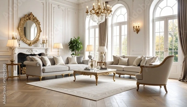 Fototapeta Generated image インテリア リビング 高級 エレガント クラシック ヨーロピアン フレンチ ラグジュアリー ゴージャス 白 ゴールド ソファ テーブル シャンデリア カーテン フローリング ライト 照明 窓 大きな窓 自然光 洗練 上品 モダンクラシック 室内 家具 アームチェア クッション 室内装飾 コーディネート 豪邸 高級住宅 ハイエンド 芸術的 デザイン性 壁面装飾 室内