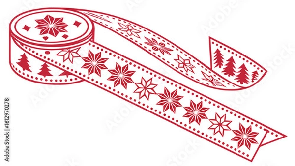 Fototapeta Decorative red ribbon roll with star and christmas tree pattern on white background for gift wrapping