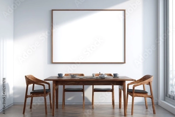 Fototapeta Bright minimalist dining room interior with wooden furniture and large blank poster frame on white wall for artwork or product presentation mockup. 3D Rendering. High quality