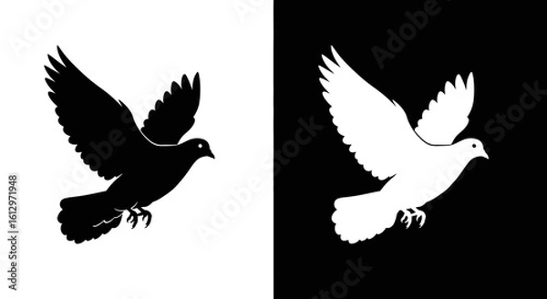 Fototapeta Two stylized doves, one black on white, the other white on black, both in flight.