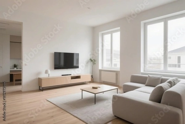 Obraz Modern apartment interior with clean design, neutral tones, and soft natural lighting.