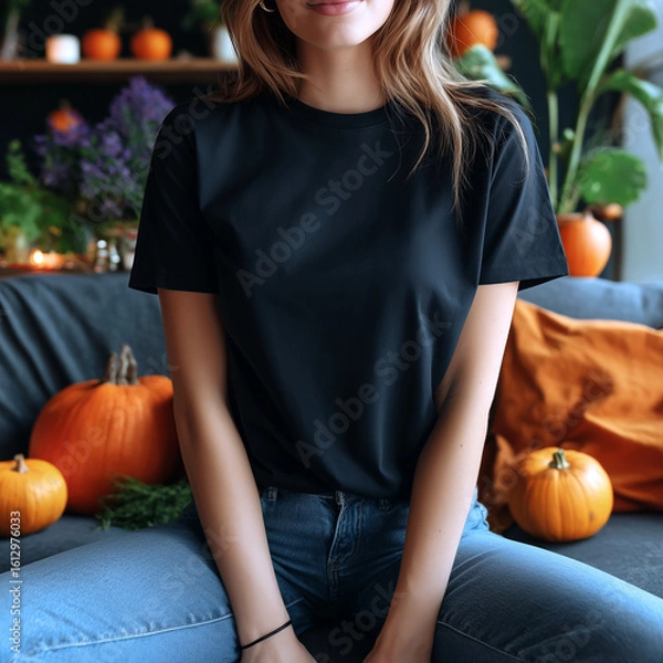 Obraz Oversized black t-shirt mockup on woman lounging on sofa with Halloween decor, casual cotton apparel, festive ambient room, minimalist staging, stitching detail, garment display in spooky atmosphere.