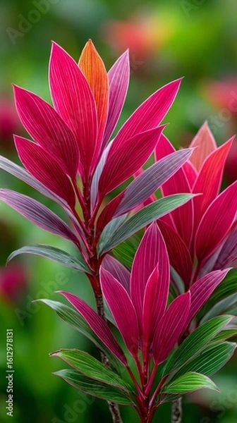 Fototapeta Vibrant red ti plant showing colorful foliage in tropical garden