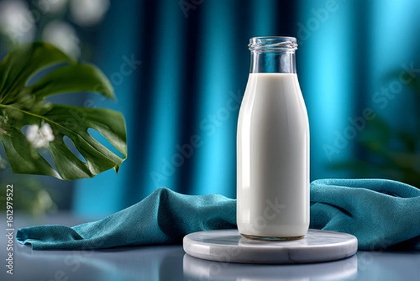 Fototapeta Fresh Milk Bottle on Marble Stand with Tropical Leaf and Blue Fabric Backdrop