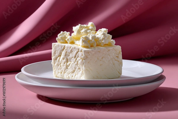 Fototapeta Feta Cheese Cube on Plate with Pink Background Food Still Life