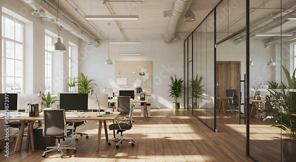 Fototapeta A modern, open-plan office space showcases minimalist design, natural light, and stylish furniture, great for advertising a contemporary and collaborative work environment.