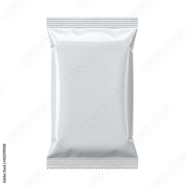 Fototapeta Blank white plastic snack pouch or food packaging mockup, front view for branding. Isolated on transparent background, png