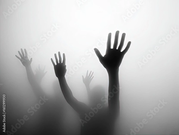 Obraz "Halloween Horror Atmosphere! Foggy Hand Silhouettes on White Background - Eerie Design Asset for Creepy Posters"