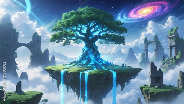 Fototapeta Epic mystical tree with blue energy amid ancient ruins and starry sky. Perfect for fantasy projects, animation scenes, and enchanting storytelling.

