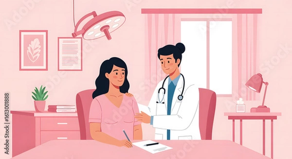 Fototapeta A doctor examines a patient in a medical office, while the patient fills out paperwork.