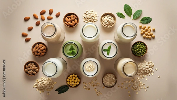 Fototapeta Plant milk composition with warm lighting for product presentation. Perfect for grocery ads, diet plans, and clean food photography.