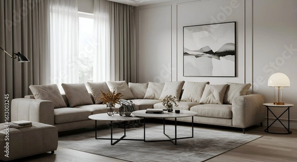 Fototapeta Modern living room featuring beige sectional sofa with neutral throw pillows and a minimalist aesthetic. Stylish coffee tables and a decorative lamp are strategically placed.