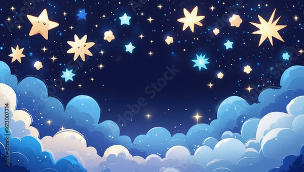 Fototapeta Whimsical starry sky with radiant flare stars and sparkles on navy background. Ideal for storybook illustrations, dreamy themes, and celestial graphics.