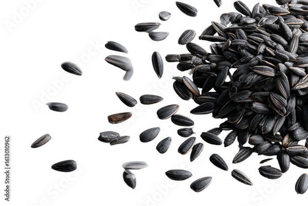 Obraz Black sunflower seeds falling dark background, isolated on a transparent background