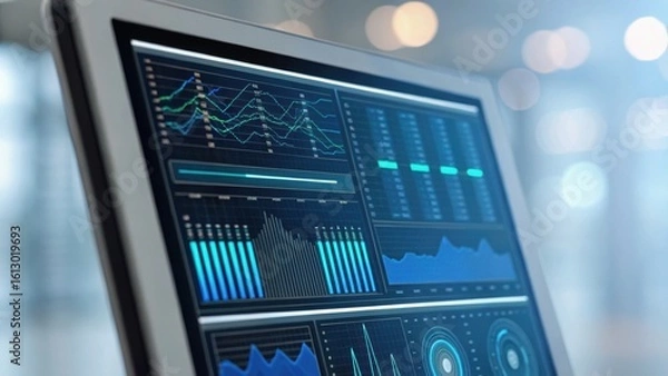 Obraz Digital display featuring data analytics and visual graphs, showcasing statistical information with a modern interface.