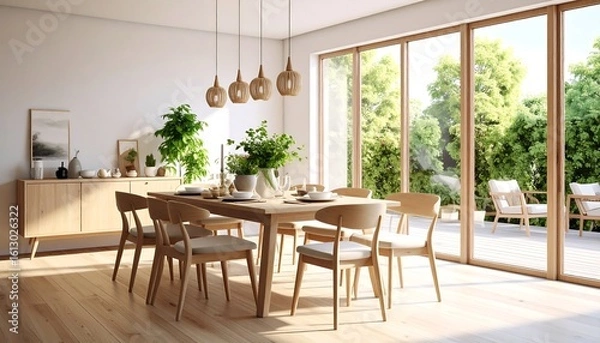 Fototapeta Light-filled dining room with wooden table and chairs, large windows showing a patio and green trees