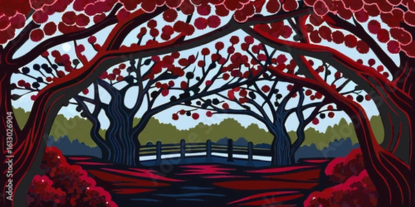 Fototapeta Stylized Illustration of Red Trees Framing a Serene Landscape with a Flowing River and Fence for Nature Blogs, Art Websites, and Meditation Resources  