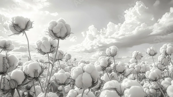 Fototapeta Field with ripe, open cotton pods in style of three-dimensional black-and-white pencil drawing. Opened fluffy cotton flowers buds, ready for harvesting. On background of sky. Close-up. Copy space.