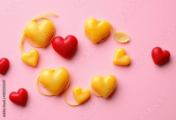 Fototapeta Heart-shaped pasta on pink background, romantic food concept, romantic dinner, appetizer