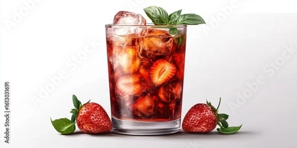Fototapeta Refreshing berry beverage with ice and mint in a clear glass on a white background