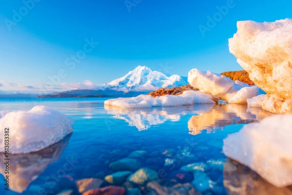 Obraz Ice floes drifting on calm glacial lake with mountain silhouette serene arctic landscape