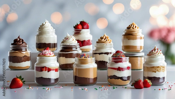 Fototapeta Elegant dessert jars with assorted layers, perfect for product listing, bakery showcase, cafe branding, food marketing, and sweet dessert promotion.