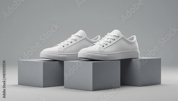 Fototapeta Minimalist sneaker display with clean white shoes and neutral background, perfect for fashion branding, e-commerce visuals, and product showcases.