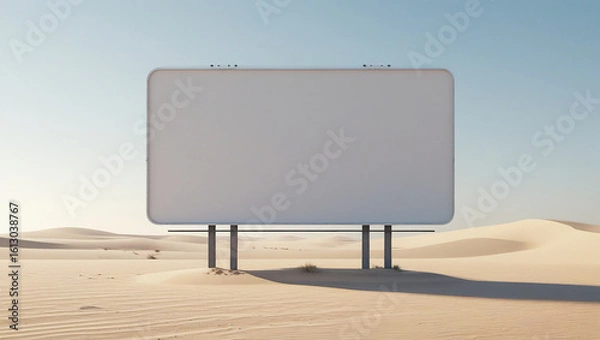 Fototapeta Blank white desert billboard in open sandy landscape, ideal for minimalist mockups, outdoor advertising, and creative design presentations.