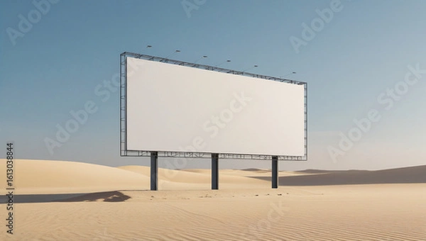 Fototapeta Large empty billboard with metal frame in golden sand dunes, perfect for branding visuals, marketing templates, and copy space projects.