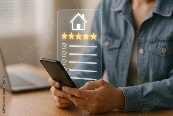 Fototapeta Person holding smartphone with house icon five star rating and checklist showing home review and real estate feedback system