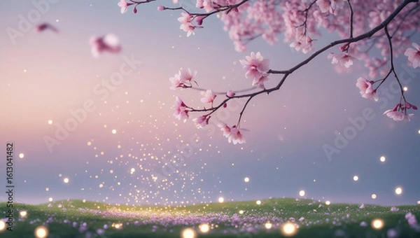 Fototapeta Cherry blossom branches with falling petals in dreamy pastel sky, ideal for decorative prints, storybook art, and peaceful designs.