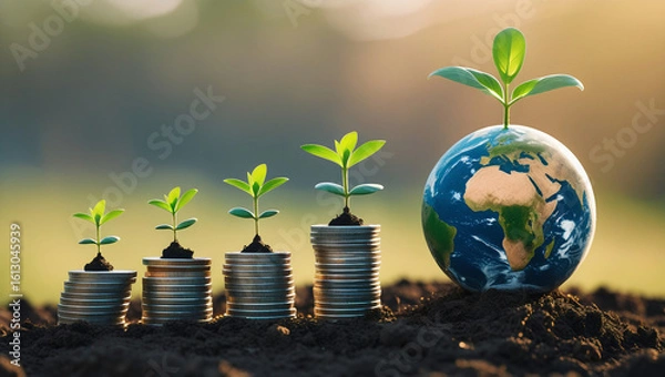 Fototapeta Coin stacks with seedlings and Earth globe on soil, ideal for green economy, business development, and environmental campaigns.