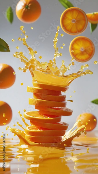 Fototapeta Dynamic splash of orange juice with floating slices, great for advertising visuals, beverage mockup, and commercial artwork.