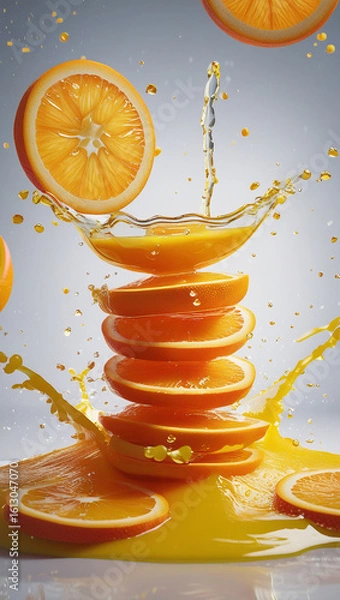 Fototapeta Bright orange juice explosion with stacked slices, ideal for citrus branding, drink promotions, and high-energy designs.