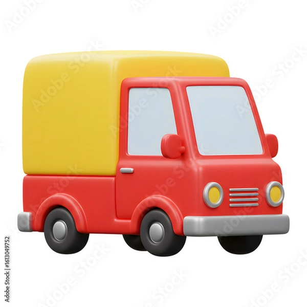 Fototapeta Red and Yellow 3D Rendering Delivery Truck Icon. Clean, Glossy Surface on Transparent Background