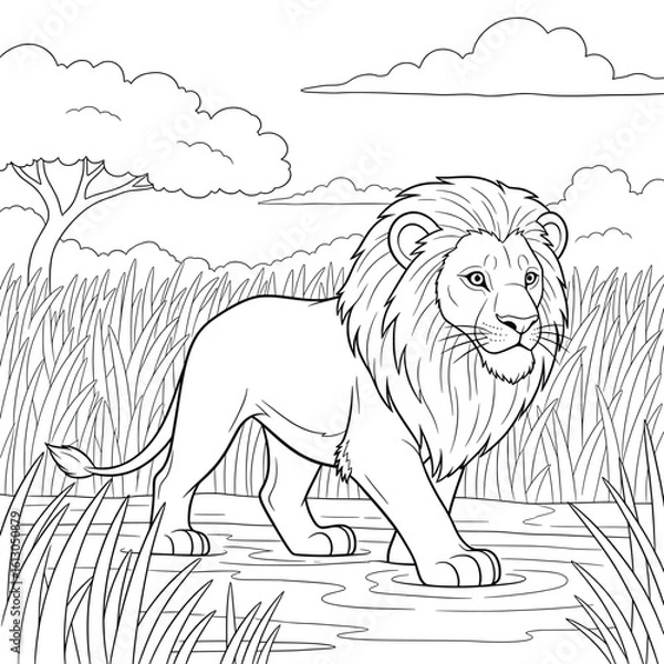 Obraz Cartoon Lion Walking Through Water in Savannah — Black and White Line Art Coloring Page for Kids and Animal-Themed Learning Activities