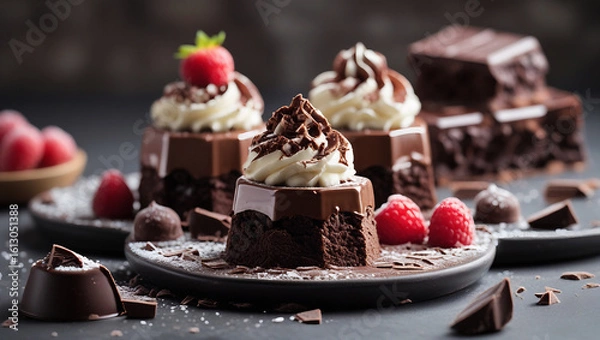 Fototapeta Gourmet chocolate dessert photography with clean composition, ideal for culinary showcase, advertising design, product mockup, and cafe promotion.