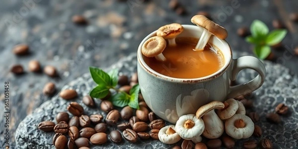 Fototapeta Mushroom coffee in ceramic cup, coffee beans & mushrooms on stone New superfood trend,  functional food,  lion's mane