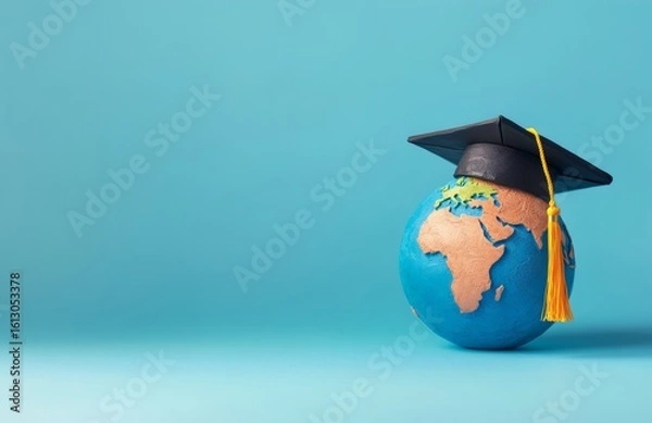 Fototapeta Concept illustration graduation hat on globe against blue background. Online education, global studies, university learning concepts. 