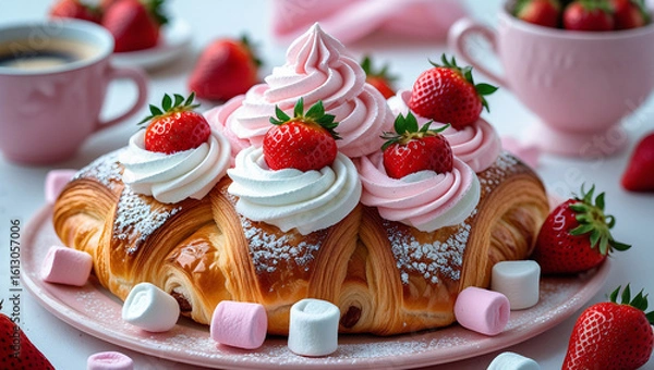 Fototapeta Flaky croissant topped with cream swirls and berries, perfect for cafe menus, confectionery promotions, and romantic morning visuals.