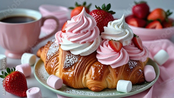 Fototapeta Croissant dessert with marshmallows, strawberries, and powdered sugar, great for pastry showcase, product mockups, and cozy food campaigns.