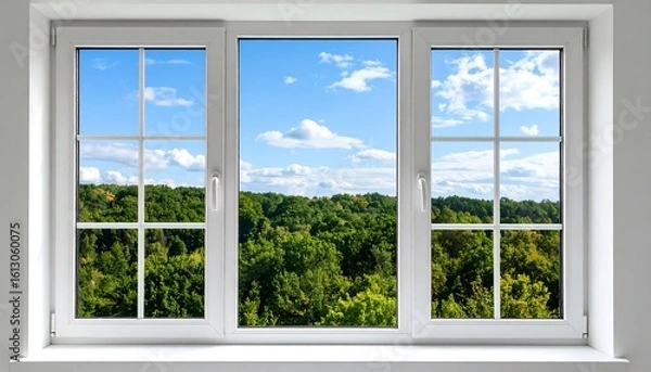 Fototapeta White window overlooking a lush landscape