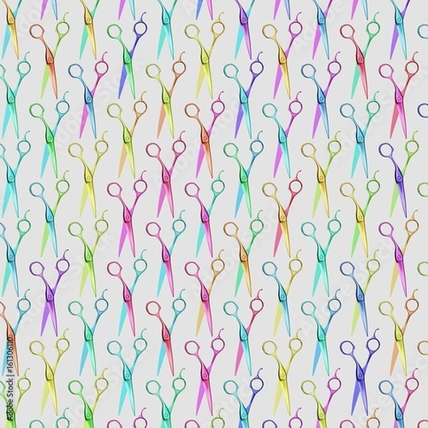 Fototapeta Orderly Arrangement of Free Floating Brightly Colored Barbers Scissors